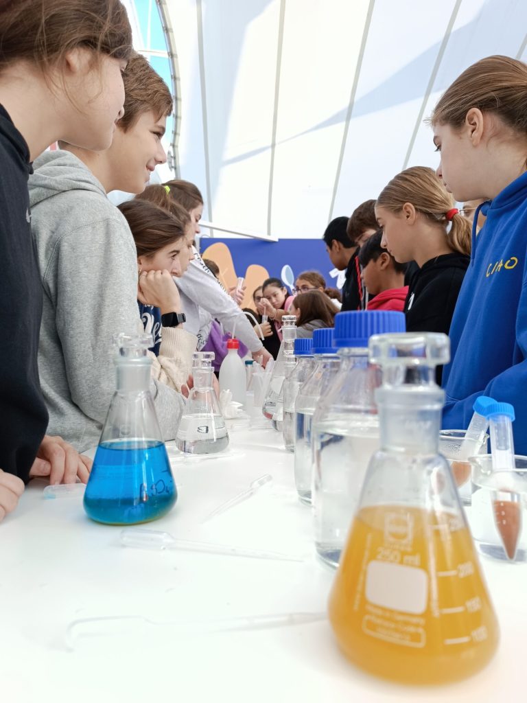 Ragazzi intorno alle beute con il liquido giallo dell'esperimento sullo zucchero